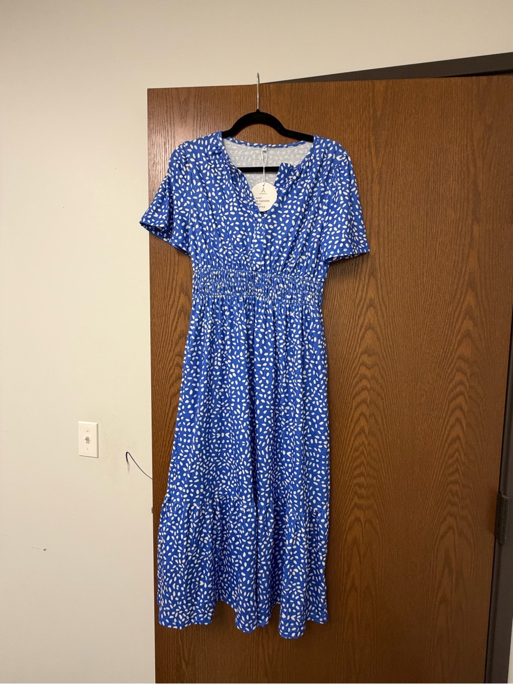 Blue Printed Short-Sleeve Midi Dress with Shirred Waist